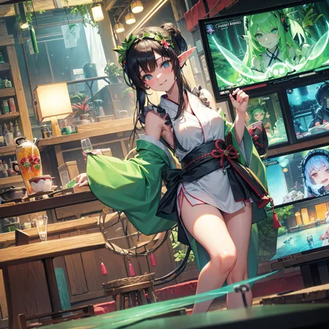 Elf（Maid clothes（kimono）　tropical　tropicalジュース（tray）　Tavern（Adventurer）　cyber punk　Green light swirling（hologram）　Multiple monitors behind（Streaming screen　magic circle）　Adventurer　Medieval Fantasy　smile　night　comics）