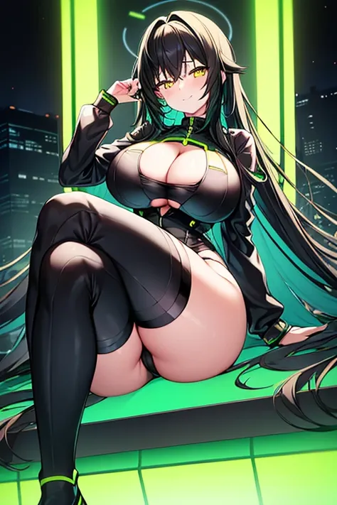 1girl, large breasts, thick thighs, yellow eyes, wide hips, (black hair), colored inner hair, (colored inner hair), green hair, smile, long hair, black bodysuit, bodysuit, bare legs, shoes, green trim, science-fiction, futuristic, neon, tech, neon lights, ...