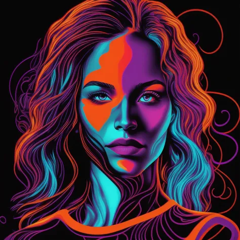 hot girl, car, vectorised, synthetic wave, purple blue red orange, bright neon colors on a dark background,