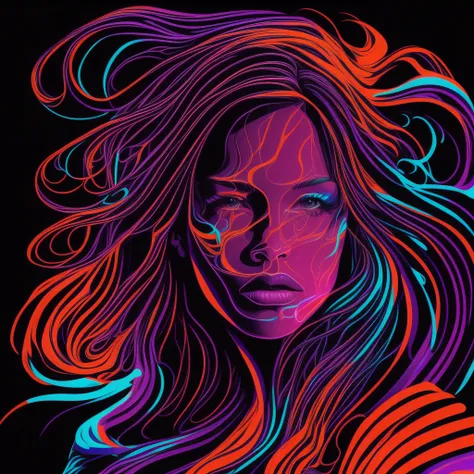 hot girl, car, vectorised, synthetic wave, purple blue red orange, bright neon colors on a dark background,