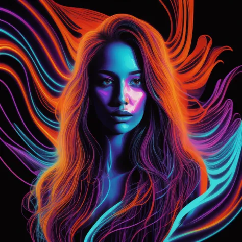 hot girl, car, vectorised, synthetic wave, purple blue red orange, bright neon colors on a dark background,