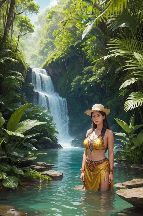 Create a realistic illustration of an Amazon river scene. The scene must highlight an Amazonian woman in the foreground, interacting harmoniously with the natural environment. Include vibrant details of local fauna and flora, like leafy trees, exotic anima...