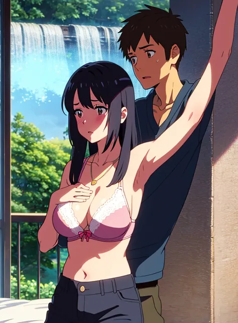 
shinkai makoto, Kimi No Na Wa., 1 boy, Shaved head, , Boys are behind girls, Touching the chest, Rubbing breasts from behind, grab, grabbing chest,chestgrab behind back, Remove your bra, Hold the bra, Embrace, Embrace, Kiss on the neck, One girl, Black Ha...