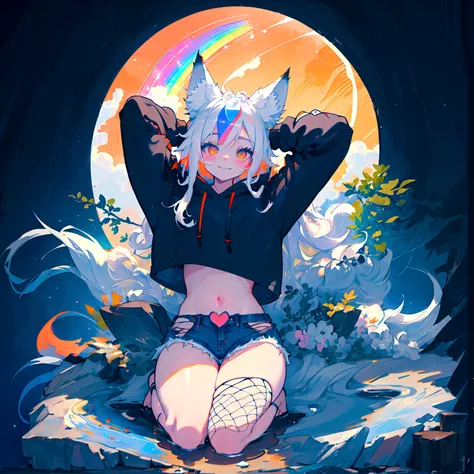 a cute adult male with wolf ears, long white hair, long locks, has a wolf tail, wearing a loose cropped black hoodie, wearing a pair of denim short shorts and fishnet stockings, thick thighs, wide hips, relaxing on mound of fluffy multi colored kawaii plus...