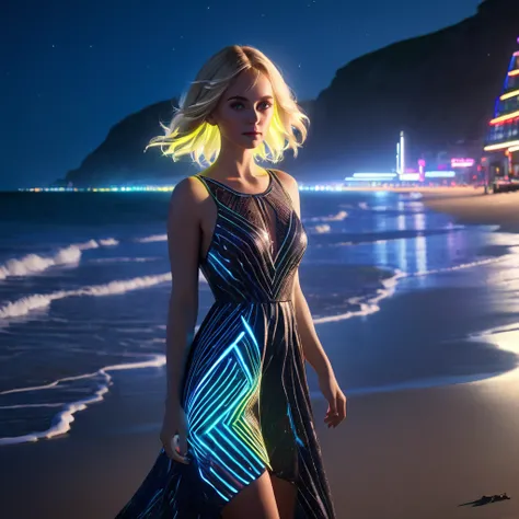 A woman with medium length blonde hair wearing a dress with neon lighting details, standing on a beach in London, ultra-realistic, masterpiece, photorealistic, professional, 8K, physically-based rendering, sharp focus, dramatic lighting, dark background, b...