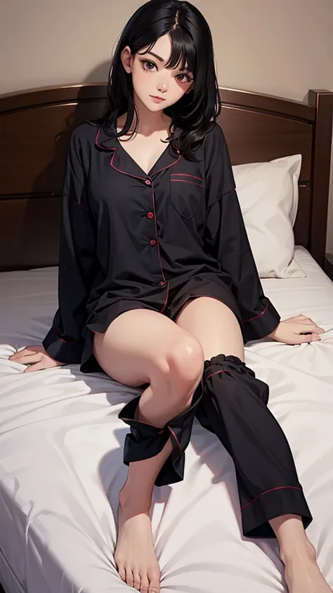 A beautiful black-haired woman sitting on a bed in cute pajamas