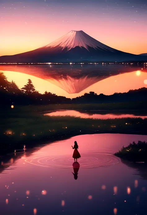 Cinematic, Scenic, Stunning image of Mount Fuji and its reflection in a lake at sunset, The sky is red, Bokeh, dream-like, Surreal, Realistic