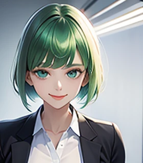 sleepy face , green hair,emerald hair,short hair,short hair,bright face,upper body up,chest up,business woman,intellectual,smile...