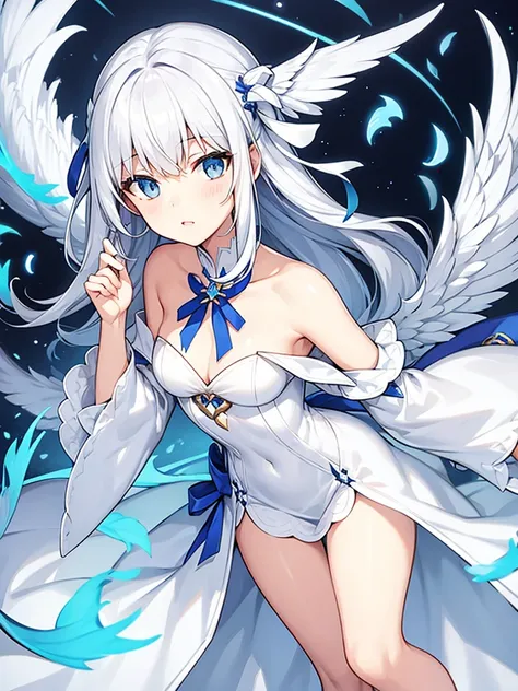 White hair, side tail, blue ribbon, off the shoulder coat, wing dresses, white wing