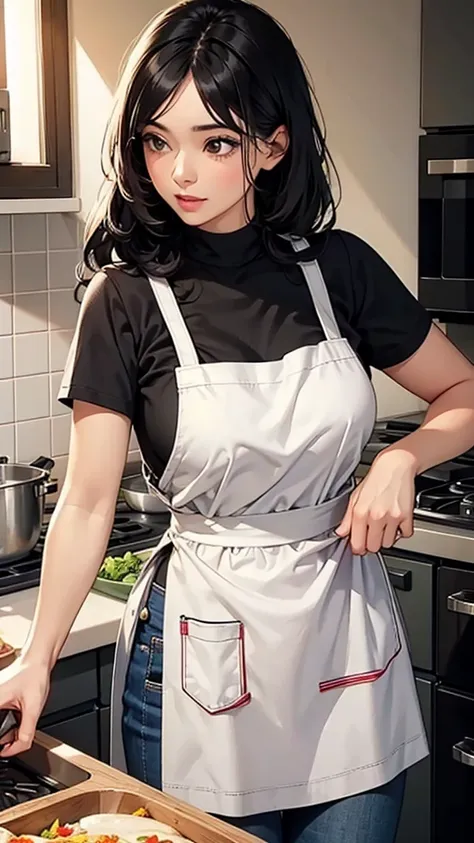 A beautiful black-haired woman cooking in a cute apron