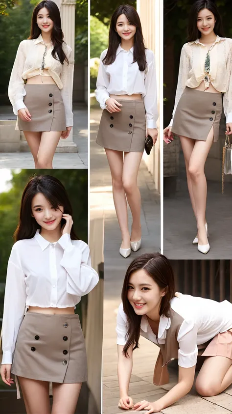 ((Micro Mini Skirt))、Burberry style、Oversized shirt、adult、Summer clothes、((Low-rise skirt))、Summer sunshine、Beautiful pubic bone、Highest quality、Realistic photos、Gravure photoshoot、Professional Lighting、smile、Droopy eyes、Egg-shaped outline、８Head to Body、Be...