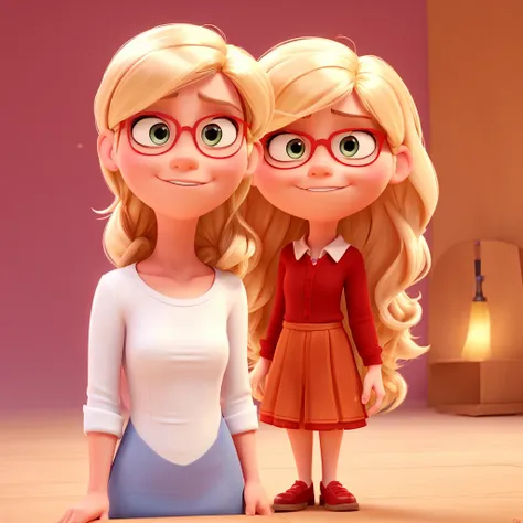 You work at PIXAR and here you will help me create characters for the film "Inside Out". The character must be: Gender: female hair: blonde and long height: Low Accessories: Emotion mug: anger Character color: red Background color: WHITE Make the character...