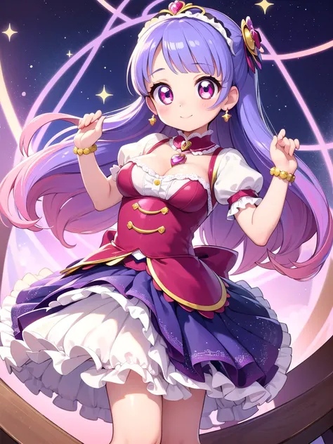 ((Highest quality)), ((masterpiece)), (be familiar with), 3d, Perfect Face, Big eyes, Drooping eyes, eyelash, The sparkling light of the eyes, (precure), (Aikatsu!), idol magical girl, lolita fashion, (mini skirt), big breasts, shy smile, closed mouth