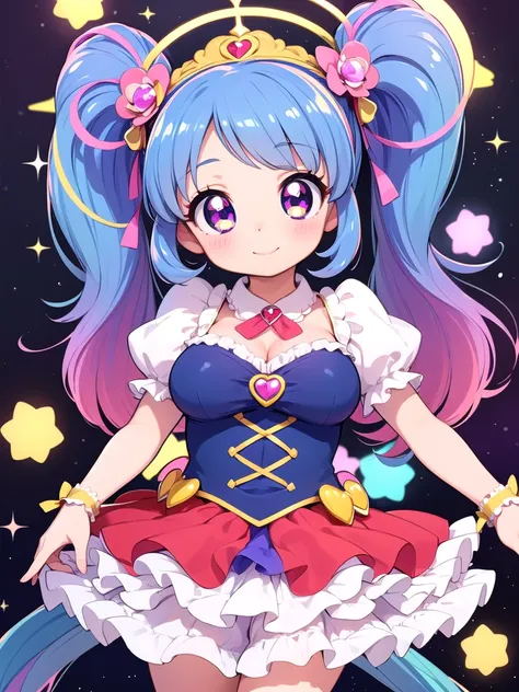 ((Highest quality)), ((masterpiece)), (be familiar with), 3d, Perfect Face, Big eyes, Drooping eyes, eyelash, The sparkling light of the eyes, (precure), (Aikatsu!), idol magical girl, lolita fashion, (mini skirt), big breasts, shy smile, closed mouth