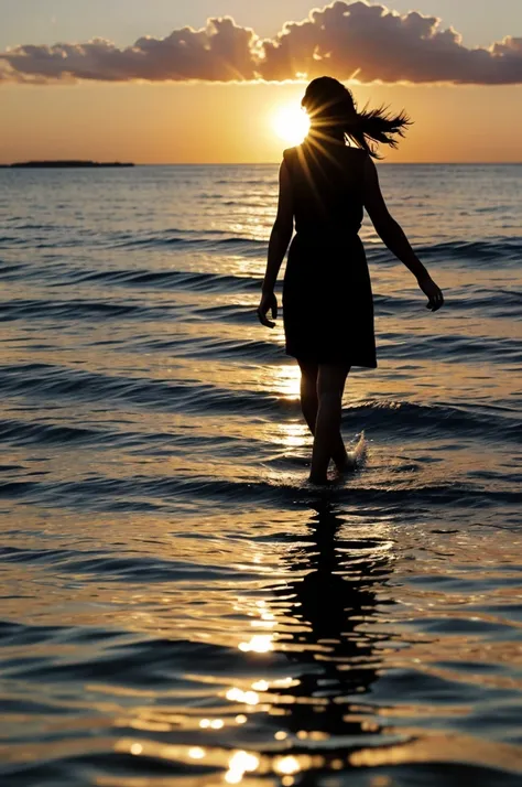 Silhouette of a woman coming out of the water walking towards the sun and having a cross in it