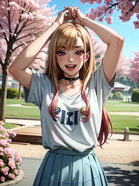  yukata, japan, cherry blossoms, best quality, (masterpiece:1.2), detailed, kitagawa marin sb, 1girl, solo, arms up, open mouth, grin, smile, long hair, blonde hair, red eyes, multicolored hair, earrings, ((wearing a white Real Madrid tshirt)), choker, ((w...