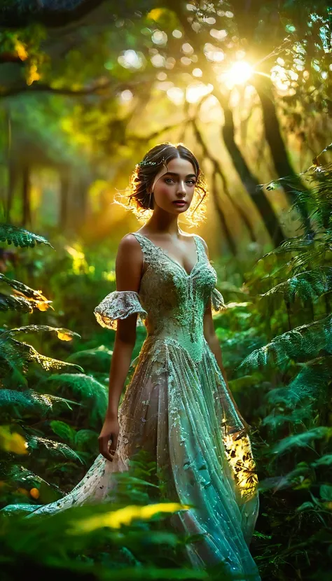 a beautiful forest at dawn, idyllic, magical, majestic, epic lighting, 8K, 1girl, detailed face, detailed eyes, detailed lips, long eyelashes, beautiful dress, serene expression, lush foliage, colorful flowers, sunbeams, photorealistic, cinematic, warm col...