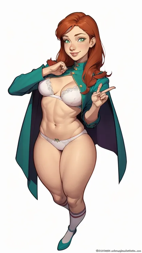 (cartoon style:1.2), Drawings of (Ginevra Molly Weasley), ssmile, perfect green eyes, face detailed, White background, fun pose, seducing gaze,Full body wearing the Sanserina uniform, beautiful medium breasts and wonderful body cartoon style digital illust...