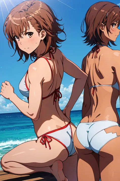 (Highest quality:1.5, High resolution, 超High resolution, 4K, Detailed lighting, Shaders), NSFW Misaka Mikoto,　Solo Shorthair　Brown Hair　Brown eyes　Cool face　　((Tong Bikini))++　Rash guard　Realistic sun rays　 Beautiful beaches　Super fatty muscle　Muscular　Bea...