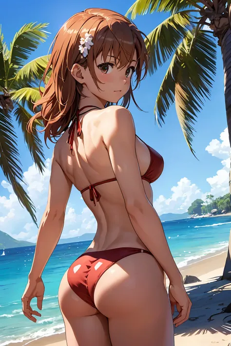 (Highest quality:1.5, High resolution, 超High resolution, 4K, Detailed lighting, Shaders), NSFW Misaka Mikoto,　Solo Shorthair　Brown Hair　Brown eyes　Cool face　　((Tong Bikini))++　Rash guard　Realistic sun rays　 Beautiful beaches　Super fatty muscle　Muscular　Bea...