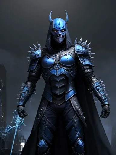  
(extremely detailed 8k wallpaper), a medium shot photo of scary  Grim dressed as a blue masked supervillain in an armour made of blue glowing wires from marvel, theme, intricate, high detail, dramatic, old scary building with metallic spikes in the backg...