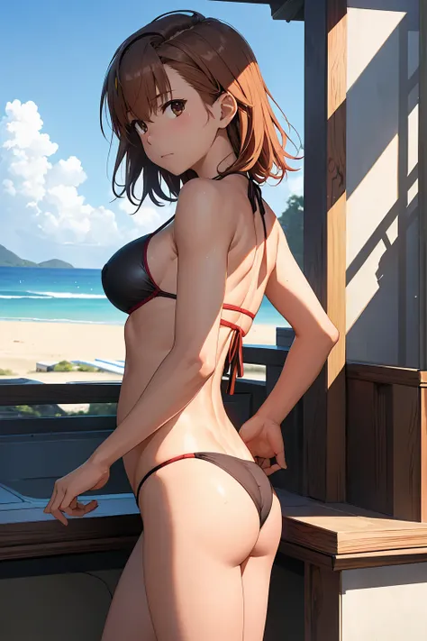 (Highest quality:1.5, High resolution, 超High resolution, 4K, Detailed lighting, Shaders), NSFW Misaka Mikoto,　Solo Shorthair　Brown Hair　Brown eyes　Cool face　　((Black thong bikini))++　Rash guard　Realistic sun rays　 Beautiful beaches　Super fatty muscle　Muscu...