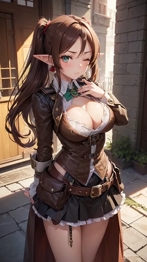 "((short steampunk corse)),((Mexicana peliroja, white skin)),((Twintail)),(1solo),(1 girl view),full_body, 1 girl view,female, young, 17 years old, (long hair), ((red-light brown hair)), snowflakesdetailed cute anime face, ((pointy_ears, seductive pose, fl...