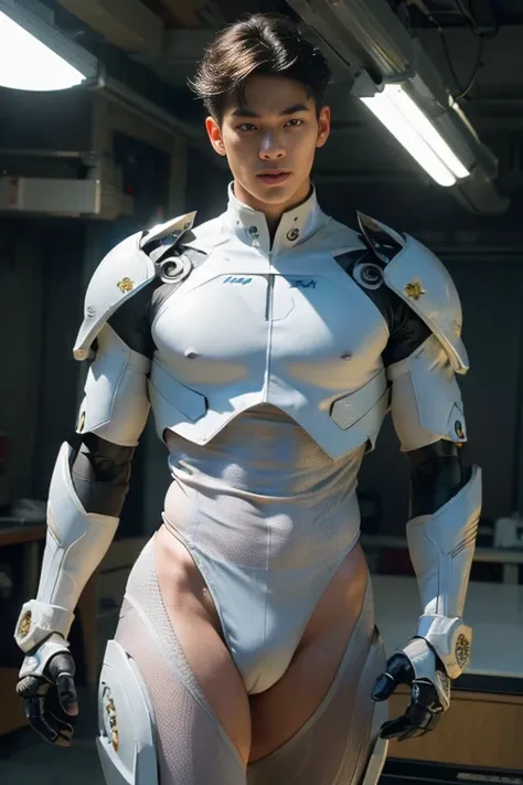 (masutepiece,High resolution,ultra - detailed:1.0),1(Boy,Robot Boy),Perfect male body,Look at the camera,Delicate eyes and delicate face,extremely details CG,Unity 8k wallpaper,intricate-detail,solo person,Detailed face, (Futuristic skin-perfect white body...