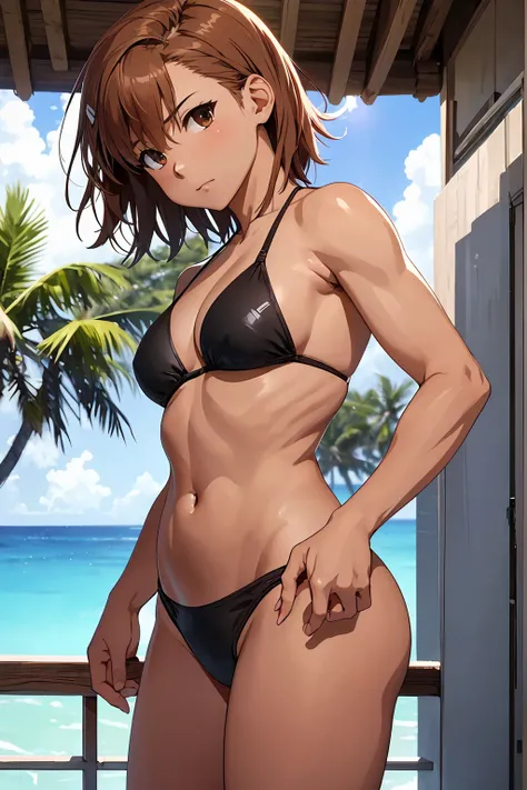 (Highest quality:1.5, High resolution, 超High resolution, 4K, Detailed lighting, Shaders), NSFW Misaka Mikoto,　Solo Shorthair　Brown Hair　Brown eyes　Cool face　　((Black thong bikini))++　　Realistic sun rays　 Beautiful beaches　Super fatty muscle　Muscular　Beauti...