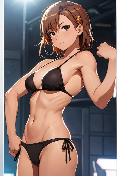 (Highest quality:1.5, High resolution, 超High resolution, 4K, Detailed lighting, Shaders), NSFW Misaka Mikoto,　Solo Shorthair　Brown Hair　Brown eyes　Cool face　　((Black thong bikini))++　　Realistic sun rays　 Beautiful beaches　Super fatty muscle　Muscular　Beauti...