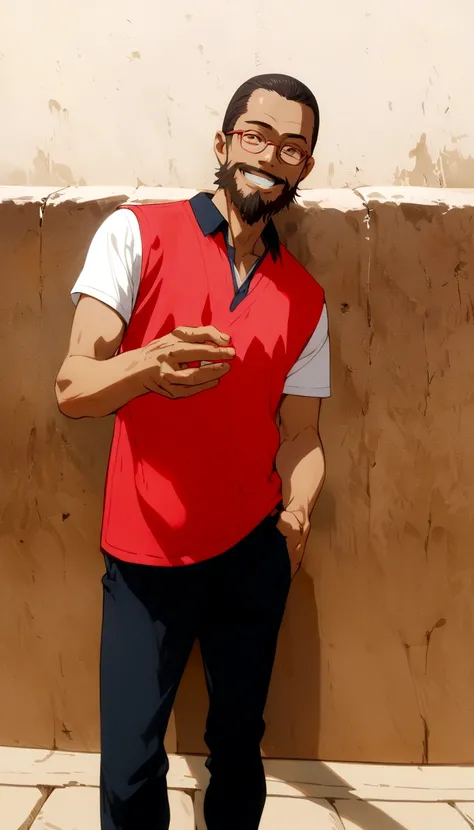 skinny man with a beard, smiling, with wall in the background