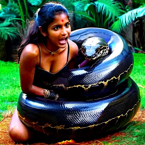  Happy Horny, aroused 1girl), beautiful kneeling indian young teen girl  with  giant colossal black titanboa squeezing her hard, wrapped in thick spiraling coils, constricted, struggle, gasping for air, snake attack, snake peril, moonless night, dim light