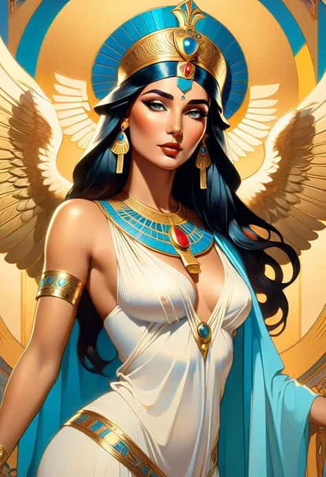  beautiful goddess isis, egyptian goddess, alphonse mucha style, detailed crown, queenie gesture, ornate headdress, flowing robes, golden skin, piercing eyes, intricate details, ethereal lighting, dreamlike atmosphere, vibrant colors, dramatic pose, master...