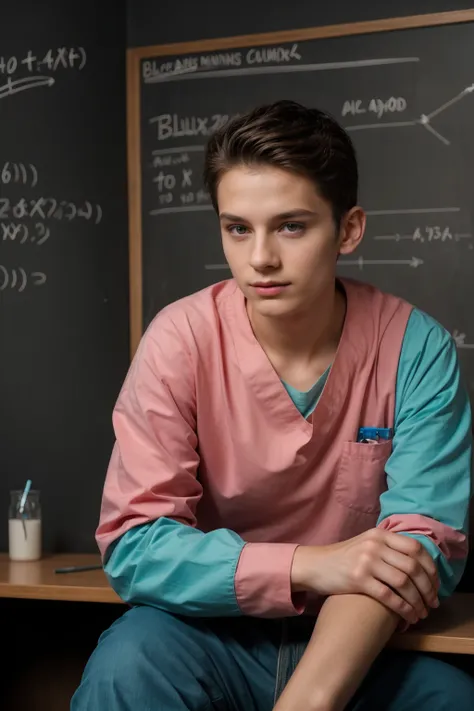 A cute, beautiful twink male young man with a face with make-up, blush, and eyeliner, and he has black hair, and he is wearing a long-sleeved, pink shirt and aqua blue pants. He is in his scientific office, sitting with medical scientific books next to him...