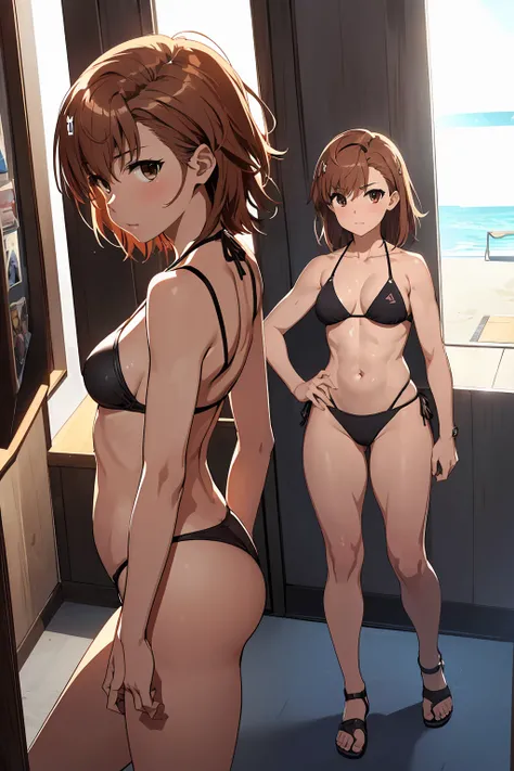 (Highest quality:1.5, High resolution, 超High resolution, 4K, Detailed lighting, Shaders), NSFW Misaka Mikoto,　Solo Shorthair　Brown Hair　Brown eyes　Cool face　　((Black thong bikini))++　　Realistic sun rays　 Beautiful beaches　Super fatty muscle　Muscular　Beauti...