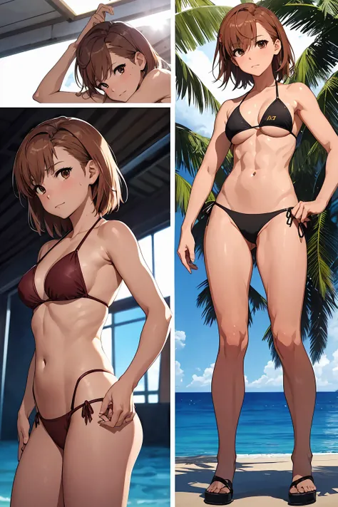 (Highest quality:1.5, High resolution, 超High resolution, 4K, Detailed lighting, Shaders), NSFW Misaka Mikoto,　独奏　short hair　Brown Hair　Brown eyes　Cool face　　((Black thong bikini))++　　Realistic sun rays　 Beautiful beaches　Super fatty muscle　Muscular　Beautif...