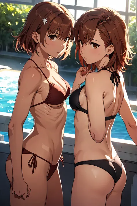 (Highest quality:1.5, High resolution, 超High resolution, 4K, Detailed lighting, Shaders), NSFW Misaka Mikoto,　独奏　short hair　Brown Hair　Brown eyes　Cool face　　((Black thong bikini))++　　Realistic sun rays　 Beautiful beaches　Super fatty muscle　Muscular　Beautif...