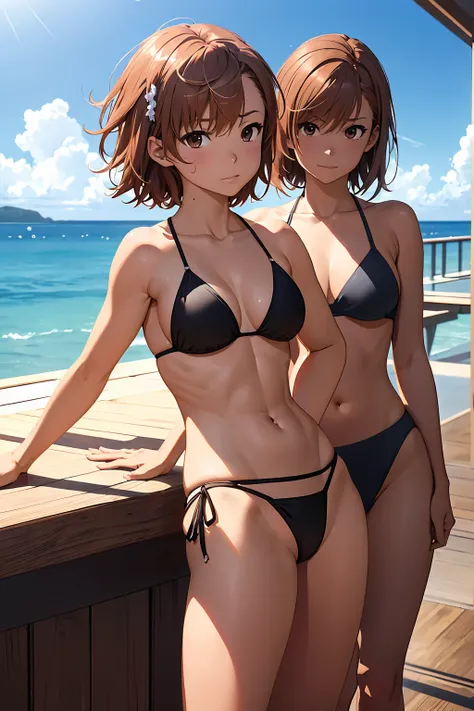 (Highest quality:1.5, High resolution, 超High resolution, 4K, Detailed lighting, Shaders), NSFW Misaka Mikoto,　独奏　short hair　Brown Hair　Brown eyes　Cool face　　((Black thong bikini))++　　Realistic sun rays　 Beautiful beaches　Super fatty muscle　Muscular　Beautif...