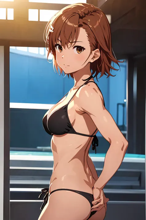 (Highest quality:1.5, High resolution, 超High resolution, 4K, Detailed lighting, Shaders), NSFW Misaka Mikoto,　独奏　short hair　Brown Hair　Brown eyes　Cool face　　((Black thong bikini))++　　Realistic sun rays　 Beautiful beaches　Super fatty muscle　Muscular　Beautif...