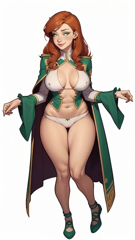 (cartoon style:1.2), Drawings of (Ginevra Molly Weasley), ssmile, perfect green eyes, face detailed, White background, fun pose, seducing gaze,Full body wearing the Sanserina uniform, beautiful medium breasts and wonderful body cartoon style digital illust...