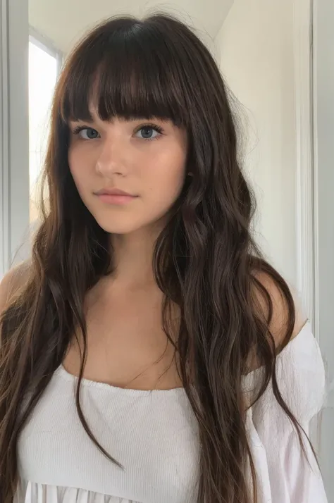 A pretty 17 year old girl with long hair with wavy bangs with a cute and pretty but tender and sexy face