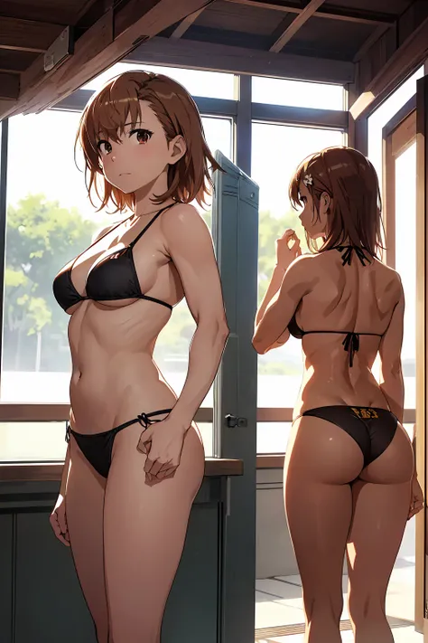 (Highest quality:1.5, High resolution, 超High resolution, 4K, Detailed lighting, Shaders), NSFW Misaka Mikoto,　独奏　short hair　Brown Hair　Brown eyes　Cool face　　((Black thong bikini))++　　Realistic sun rays　 Beautiful beaches　Super fatty muscle　Muscular　Beautif...