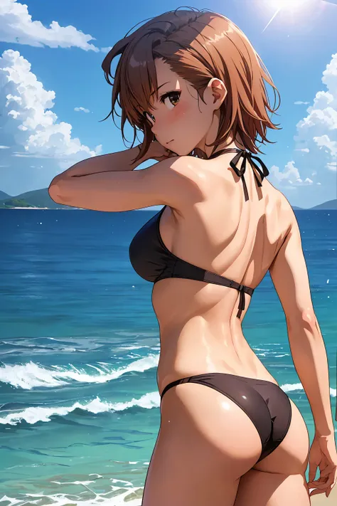 (Highest quality:1.5, High resolution, 超High resolution, 4K, Detailed lighting, Shaders), NSFW Misaka Mikoto,　独奏　short hair　Brown Hair　Brown eyes　Cool face　　((Black thong bikini))++　　Realistic sun rays　 Beautiful beaches　Super fatty muscle　Muscular　Beautif...