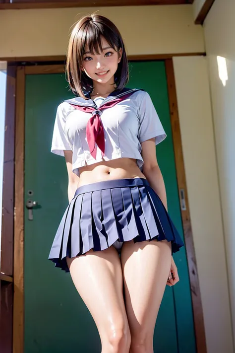 (masterpiece,Highest quality,High resolution,Realistic:1.2),(1girl:1.5), (The high school girl is wearing a short-sleeved white sailor uniform and a short, plaid pleated skirt., White panties slightly exposed:1.2),(Smiling with teeth showing:1.3),(Bobcut, ...