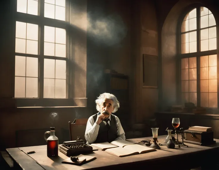 scientist Albert Einstein, [sitting sipping wine with two fingers saying its small], against the backdrop of a large dimly lit hall with imposing and ominous windows shrouded in fog, casting a mysterious and mystical ambience, as if the shadows themselves ...