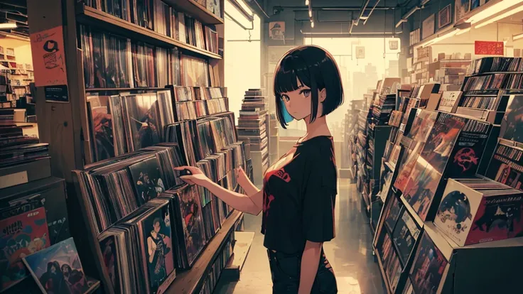 A very detailed beautiful woman, Perfect face,Black Hair, bob cut,Bangs, Gray eyes, Top of crop, Short sleeve, Super detailed, Retro Wave, Room, Depth of Field, Super detailed,(((Record store))), Nostalgia, panoramic, Long Shot, (((records on bookshelf.)))...