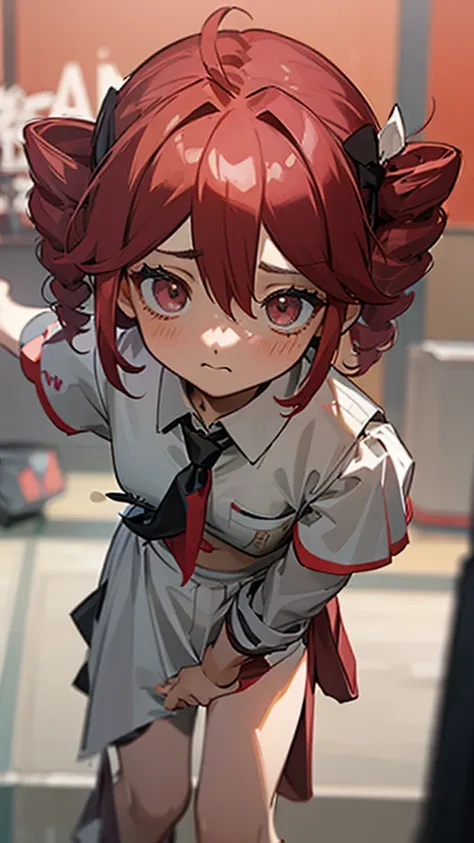 one girl, (sagging under the eyes:1.5), red hair, twin_braiding, grey beret, white shirt, floral tie