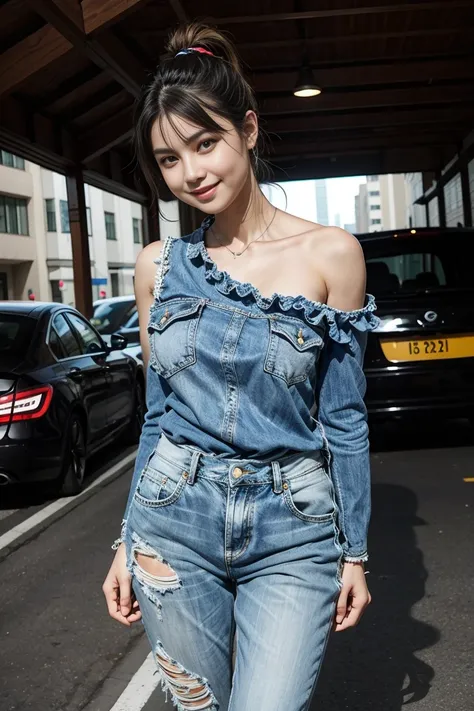 city night ,((full body shot:0.8)),with heavy traffic in the background ,beautiful woman,wearing one-shoulder lace patchwork off...