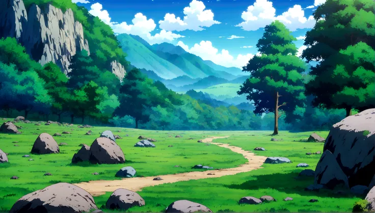 
anime - style painting of a tree in a grassy field with rocks, anime countryside landscape, anime landscape, anime landscape wallpaper, anime background art, beautiful anime scenery, anime background, anime beautiful peace scene, anime scenery, anime movi...