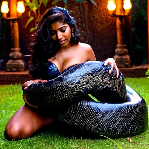  Happy Horny, aroused 1girl), beautiful kneeling indian young teen girl  with  giant colossal black titanboa squeezing her hard, wrapped in thick spiraling coils, constricted, struggle, gasping for air, snake attack, snake peril, moonless night, dim light